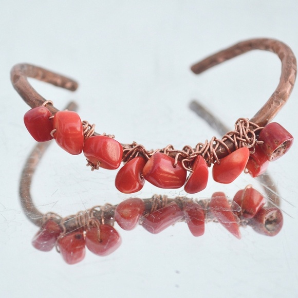 Red Coral Copper Wire Wrapped Solid Cuff Bracelet Handmade Boho  Gift Hippie - Picture 1 of 7